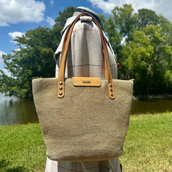 Eric Javits NY Natural Staw Raffia & Leather Trim Tan & Brown Woven Shoulder Bag - Picture 2 of 13